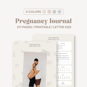 Puede incluir: Un diario de embarazo con el texto "Pregnancy Journal" y "4 colores". El diario tiene 211 páginas y es imprimible en tamaño carta. El diario incluye una foto de una persona embarazada y su pareja. El diario es para el tercer trimestre.
