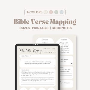 May include: A digital Bible verse mapping template displayed on a tablet and a separate sheet. The template includes sections for verse, translations, keywords, and definitions. The text "Bible Verse Mapping" and "3 Sizes | Printable | Goodnotes" are visible.