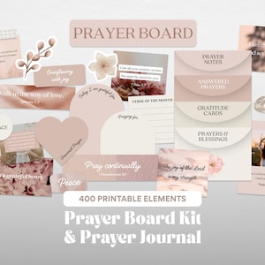 Puede incluir: Una colección de elementos imprimibles para un kit de tablero de oración y un diario de oración. El diseño presenta varias formas, incluyendo un corazón y círculos, con citas inspiradoras y acentos florales en tonos rosa suave y beige. El texto incluye "Prayer Board".