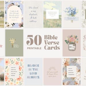 May include: A collection of 50 printable Bible verse cards. Each card features a unique design with floral elements, watercolor backgrounds, and inspirational quotes. The cards are in various colors, including beige, blue, and pink.