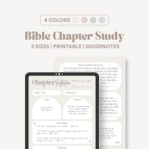 Peut inclure: Modèle numérique d'étude de chapitre biblique en beige avec le texte "Bible Chapter Study" et "Chapter Reflection". Comprend des sections pour le sujet, le contexte, les versets clés et le résumé. Disponible en 4 couleurs et 3 tailles.