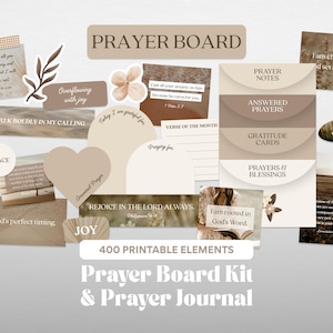 以下が含まれることがあります： 祈りのボードキットとジャーナルのための印刷可能な要素のコレクション。デザインは、インスピレーションを与える引用句とフレーズがニュートラルな色調で表示された、さまざまな形とサイズ（カード、ステッカー、ラベルなど）を特徴としています。このキットには400個の印刷可能な要素が含まれています。