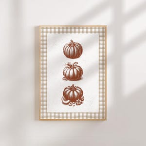 Op de afbeelding: Een ingelijste print met drie gedetailleerde illustraties van pompoenen in verschillende maten en opstellingen. De pompoenen zijn weergegeven in bruintinten, met een vintage esthetiek. De lijst heeft een beige en wit geblokt patroon.