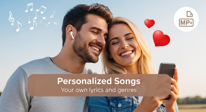 Pu&ograve; includere: Immagine di una coppia sorridente con note musicali e cuori rossi. La donna tiene in mano uno smartphone. Il testo su uno striscione marrone recita "Canzoni personalizzate" e "I tuoi testi e generi."