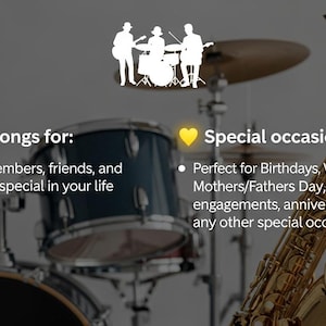 Pu&ograve; includere: L'immagine presenta una batteria, un sassofono e una silhouette di una band. Il testo recita "Crea canzoni per" e "Occasioni speciali/eventi". L'immagine suggerisce la creazione musicale per vari eventi.
