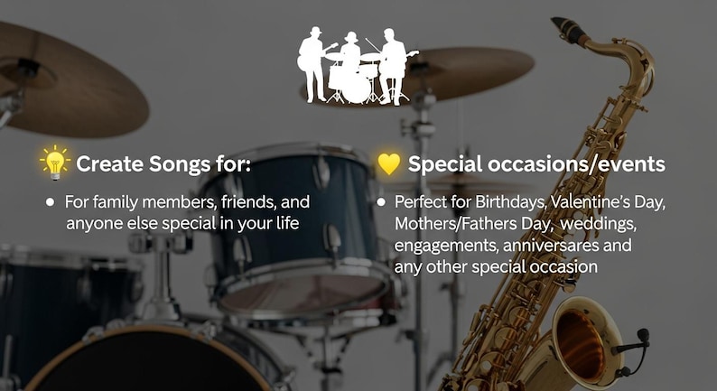 Pu&ograve; includere: L'immagine presenta una batteria, un sassofono e una silhouette di una band. Il testo recita "Crea canzoni per" e "Occasioni speciali/eventi". L'immagine suggerisce la creazione musicale per vari eventi.