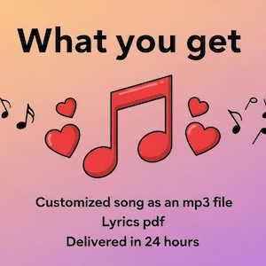 Pu&ograve; includere: Immagine con testo "What you get" e note musicali. Una grande nota musicale rossa e cuori rossi sono al centro. Il testo sottostante recita "Customized song as an mp3 file, Lyrics pdf, Delivered in 24 hours."
