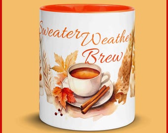 Sweater Weather Brew Mug: Ceramic Fall Coffee Cup with Orange Handle