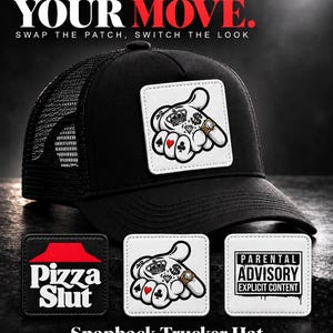 May include: A black snapback trucker hat with a mesh back and a square patch featuring a cartoon hand with tattoos and a ring. The bundle includes two additional square patches: one with a red roof logo and text Pizza Slut, and one with Parental Advisory text.
