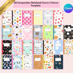May include: A collection of 26 composition notebook covers with various designs. The covers feature patterns like strawberries, smiley faces, and pandas. The text "26 Composition Notebook Covers | Canva Template" is displayed at the top.