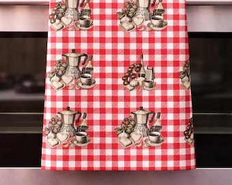 Ściereczka kuchenna Nonna we włoski wzór | Czerwona kratka Gingham Espresso Hearts | prezent dla babci, prezent dla babci, prezent na Dzień Matki, prezent dla mamy