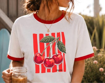Cherry Ringer Tee, Retro Cherries Shirt, Vintage Red Stripe T-Shirt, Cottagecore Fruit Tee, Y2K Graphic Tee, Summer Gift for Her