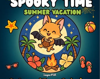 Puede incluir: Ilustración colorida con el texto "Spooky Time Summer Vacation" y "Cute and Easy Coloring". La imagen presenta un zorro de dibujos animados con alas de murciélago, palmeras, una fogata y otros elementos de verano.