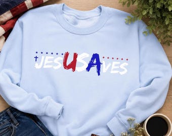 Koszulka JesUSAves w kolorze czerwonym, białym i niebieskim | Bluza z nadrukiem patriotycznym z okazji Dnia Niepodległości, 4 lipca