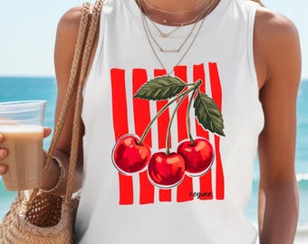 Koszulka z grafiką Retro Cherry Comfort Colors, bezrękawnik typu racerback i krótka koszulka niemowlęca – Vintage Fruit Design