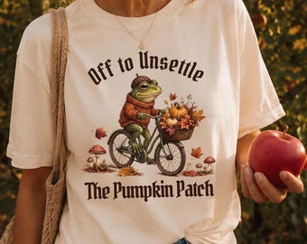 Frog on Bicycle Fall Shirt, Off to Unsettle Tee, Pumpkin Patch Shirt, Cottagecore Fall Tee, Funny Frog Autumn Top, Comfort Colors