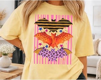 Maximalist Bat Shirt, Colorful Halloween bat trio, Comfort Colors Halloween Shirt, Bold Fall Graphic Tee, Bat Lover Gift