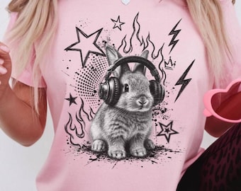 Bunny Graphic Tee, Rabbit Headphones Shirt, Comfort Colors 1717, Cute Animal Streetwear, Vintage Retro Rabbit T-Shirt, Music Lover Gift