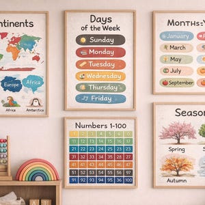 Op de afbeelding: Educatieve wandkunstset met ingelijste prints van continenten, dagen van de week, maanden, getallen 1-100 en seizoenen. Een kleurrijke telraam, regenboog en houten blokken staan op een plank eronder.