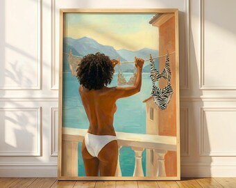 Mediterranean Summer Wall Art, Coastal Bikini Painting Print, Feminine Vacation Decor, Gouache Style Beach Artwork