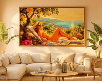 Limoncello Dreams -  Vibrant Feminine Wall Art, Sunbathing Woman, Italian Coastline, Vintage 50s Inspired Style, Retro Poster Print