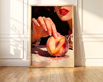 She Loves Peaches | Vintage Sapphic, Femme Fatale, Pulp Comic Inspired, 50s Style Retro Wall Art Poster Print