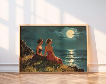 By the Light of Her Moon - Romantic Vintage Midcentury Sapphic Femme Romance Retro Wall Art Poster Print