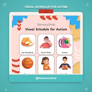 Op de afbeelding: Een visueel dagschema voor autisme met zes geïllustreerde iconen en tekstlabels: Eat Breakfast, Brush Teeth, School, Playing, Lunch en Quiet Time. Het ontwerp bevat een roze achtergrond met abstracte blauwe en rode vormen.