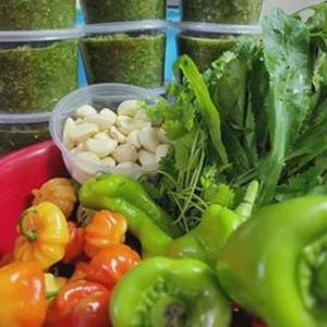 Puede incluir: Una vibrante exhibición de ingredientes frescos para cocinar. Incluye recipientes de salsa verde, un cuenco rojo de pimientos coloridos, dientes de ajo y hierbas verdes frondosas. La imagen muestra una variedad de productos frescos.