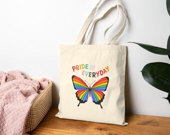 Rainbow Butterfly Pride Everyday Tote Bag | LGBTQ+ Canvas Shopper