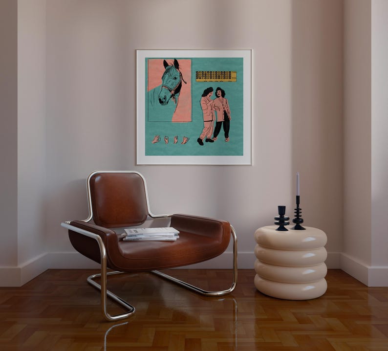 May include: A modern interior scene featuring a brown leather chair with a chrome frame, a cream-colored side table, and a framed art print. The art print has a horse illustration and figures.
