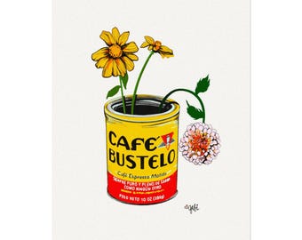 Cafe Bustelo and Mexican Flowers for Breakfast, Watercolor Art Print