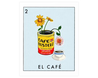 El Cafe Loteria Card Art Print: Coffee & Flowers Matte Poster