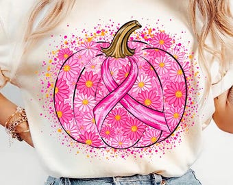 Floral Pumpkin Breast Cancer Awareness, Pink Ribbon PNG (Digital Download)