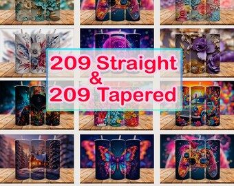 Op de afbeelding: Een verzameling verschillende tumbler-ontwerpen, waaronder bloemen-, gamecontroller- en natuurthema's. De afbeelding toont meerdere tumblers met levendige kleuren en de tekst "209 Straight & 209 Tapered" en "209 Tumbler Wrap Mega Big Bundle".