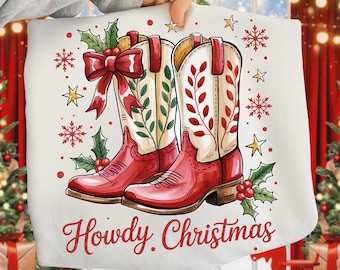 Howdy Christmas PNG, Western Cowboy Christmas Sublimation Design, Rustic Country Holiday PNG for Shirts Mugs and Décor, Farmhouse Png