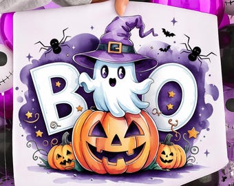 Halloween Boo Cute Ghost Pumpkin Witch PNG | Spooky Season Sublimation Design | Retro Halloween Clipart for Shirts, Mugs, Stickers