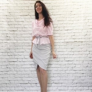 Vintage 80s Peplum Top Belted Dress Pink Gray Tulip Skirt Soft Knit Retro 40s