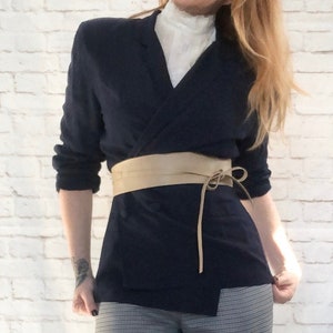 Retro Vintage Khaki Tan Faux Leather Obi Sash Wrap Wide Belt Tie M L XL 28-34”