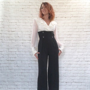 Vintage 80s Sailor Pants Sheer Sleeve Wide Leg Cropped Jumpsuit Navy White S M Reduced Costume Clearance