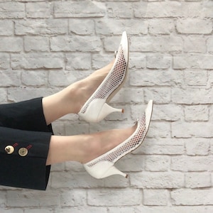 Vintage 50s NOS White Sheer Mesh Netting Pointed Toe Pumps Heels Shoes Leather 7 7.5