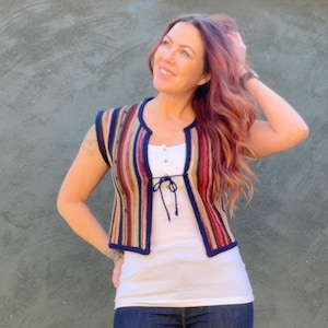 Vintage 70s Navy Rainbow Striped Knit Vest S M Tie Front Hippie Bohemian