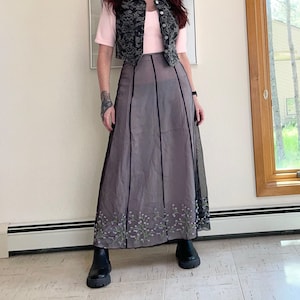 Vintage Y2K Fairy Embroidered Floral Sheer Mesh Maxi Skirt S Pink Black Grunge