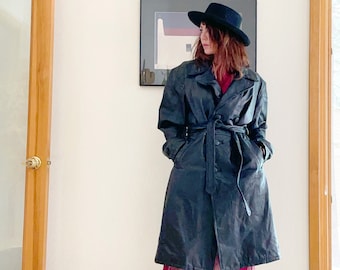 Vintage 80s Black Patchwork Leather Belted Trench Coat Jacket XXL Plus Size