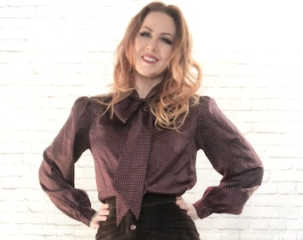Vintage 70s Jones New York Brown Satin Polka Dot Bow Collar Blouse Top M