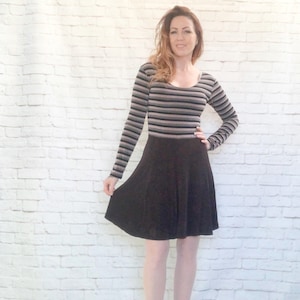 Iconic Vintage 90s Striped Taupe Black Stretch Bouncy Knit Raver Skater Mini Dress M