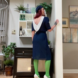 Vintage 80s does 40s Sheer Navy White Collar Midi Dress Belted Puff Sleeves