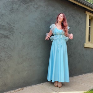 Vintage 70s Blue Maxi Dress Sheer Floral Ruffled Flutter Top S Wedding Prom