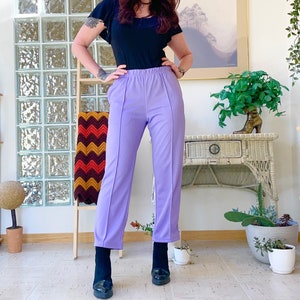 Vintage 80s Purple Polyester Highwaters Pants M 8 Perma-Pleat Straight Leg Cropped Slacks Pockets