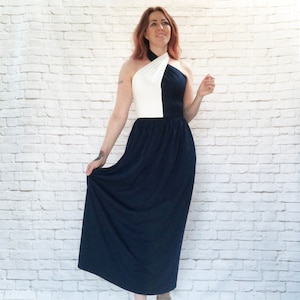 Vintage 60s Mod Color Block Wrap Halter Dress Navy Creamy White XS S Maxi Ankle Length